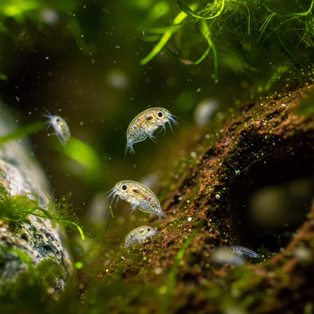 Fotografia macro dettagliata di un ecosistema di microfauna in un acquario, che mostra copepodi, rotiferi e ostracodi tra piante acquatiche e detriti.